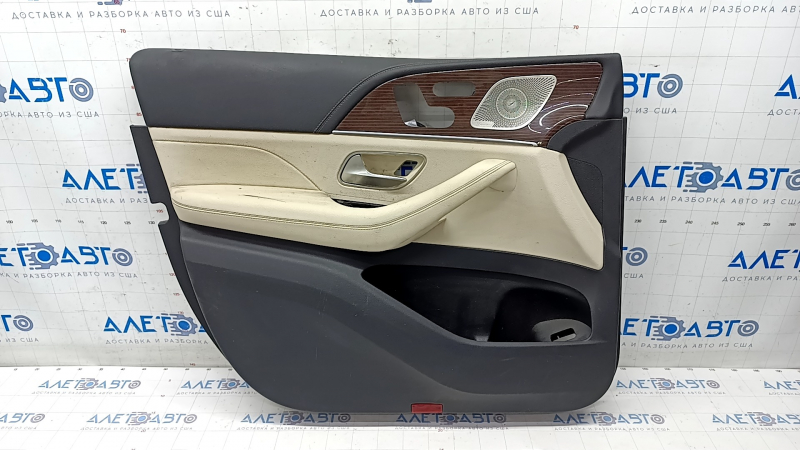 Door trim card front left Mercedes W167 GLE 350 450 20-23 beige leather, insert glossy brown, Burmester, scratches, for dry cleaning