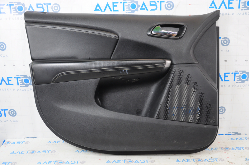 Door trim card front left Dodge Journey 11- black with black insert leather, armrest leather, gray stitching, dented armrest, scratches, needs cleaning