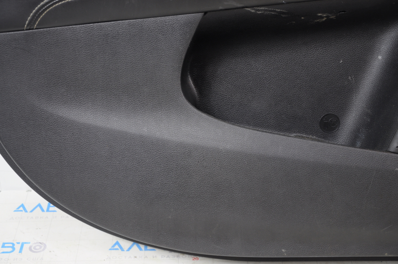 Door trim card front left Dodge Journey 11- black with black insert leather, armrest leather, gray stitching, dented armrest, scratches, needs cleaning