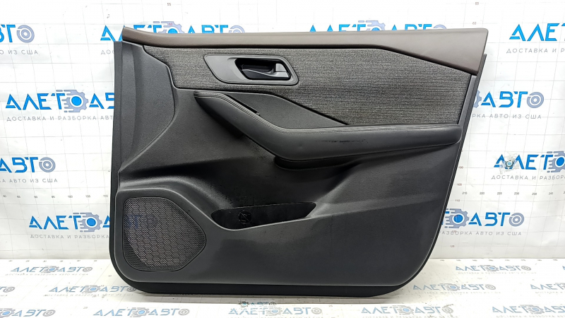 Door trim card front right Nissan Rogue 21-23 JP built black with gray insert cloth, armrest leather, brown top