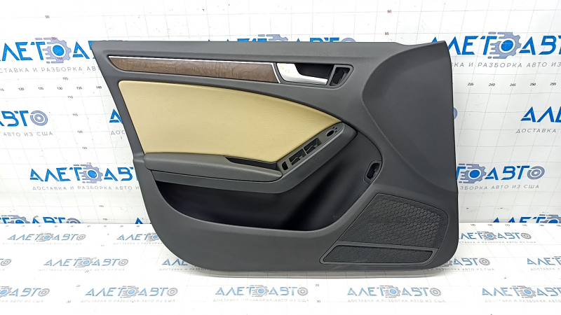 Door trim card front left Audi A4 B8 13-16 rest black with beige insert leather, armrest leather, molding under wood structure, sedan, butt