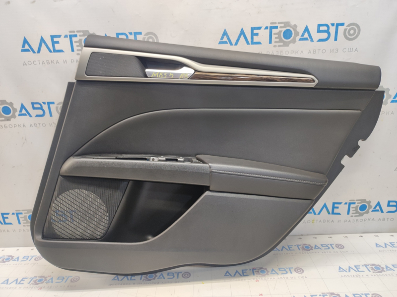 Door trim card rear right Ford Fusion mk5 13-16 black with black insert leather, armrest leather, molding under wood gloss, scratches, bumps