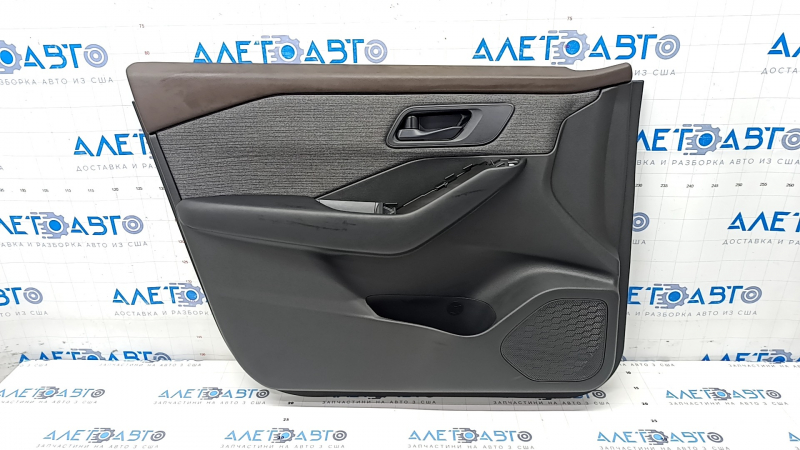Door trim card front left Nissan Rogue 23 S US built black with gray insert cloth, armrest leather, brown top, dry cleanable