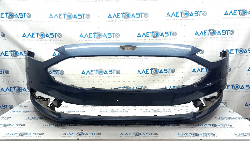 Front bumper bare Ford Fusion mk5 17-18 without parking sensors, blue, scratches, broken jumpers, hole, holes for frame