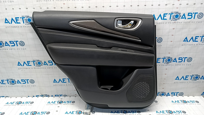 Door trim card rear left Infiniti JX35 QX60 13- black with black insert leather, armrest leather, molding gray