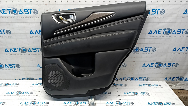 Door trim card rear right Infiniti JX35 QX60 13- black with black insert leather, armrest leather, molding under wood gloss, tear, dent on leather