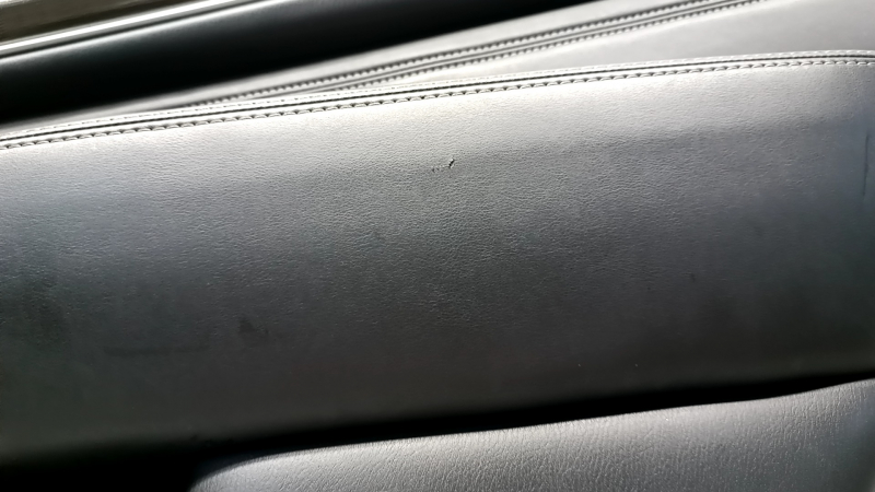 Door trim card rear right Infiniti JX35 QX60 13- black with black insert leather, armrest leather, molding under wood gloss, tear, dent on leather