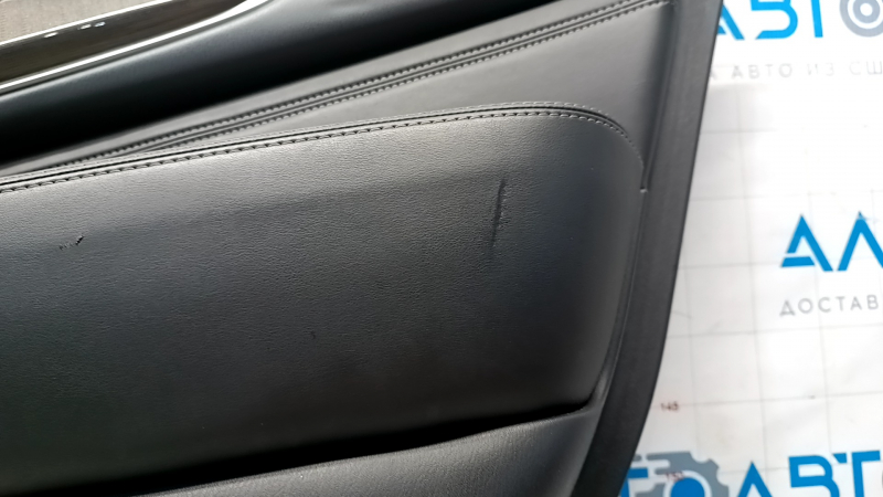 Door trim card rear right Infiniti JX35 QX60 13- black with black insert leather, armrest leather, molding under wood gloss, tear, dent on leather