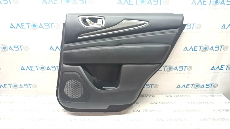Door trim card rear right Infiniti JX35 QX60 16-20 black with black insert leather, armrest leather, molding under wood gloss, dent on leather