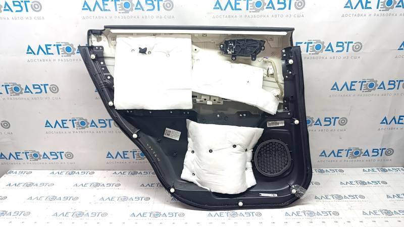 Door trim card rear right Infiniti JX35 QX60 16-20 black with black insert leather, armrest leather, molding under wood gloss, dent on leather