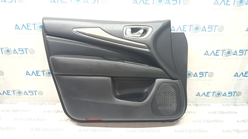 Door trim card front left Infiniti JX35 QX60 16-17 black with black insert leather, armrest leather, molding under wood gloss, tear