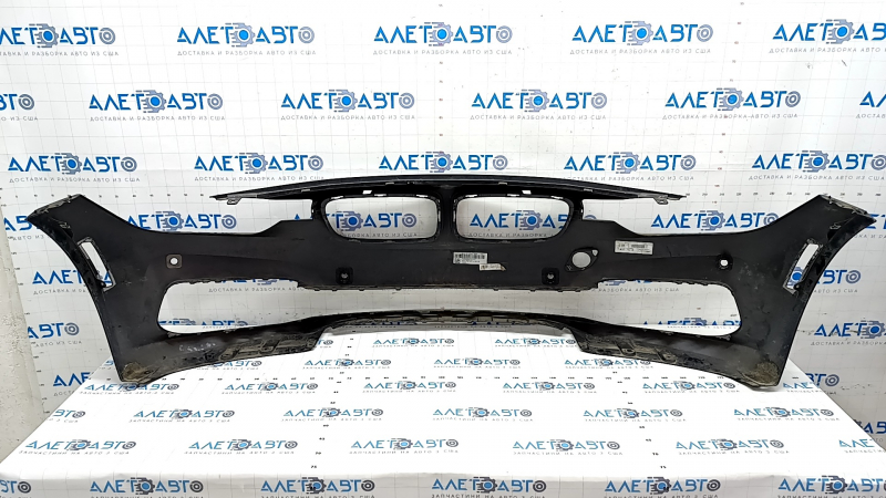 Bare front bumper BMW 3 F30 16-18 Basis, black, pressed, scratches, sand, non-factory holes