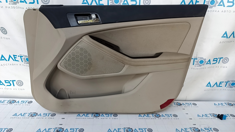 Door trim card front right Kia Optima 11-15 beige, with beige insert cloth, overlay in wood color, armrest leather, scratches, dent, need cleaning, tear