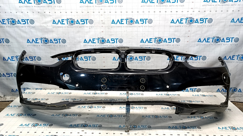 Bare front bumper BMW 3 F30 16-18 Basis, black, pressed, scratches, sand, non-factory holes