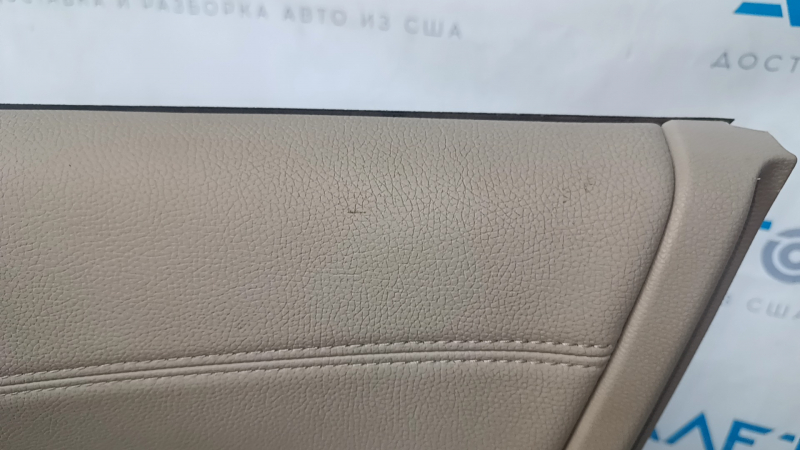 Door trim card front right Honda Accord 13-17 beige, with beige insert, leather armrest, wood handle molding, scratches, nicks, abrasions, dents, needs cleaning