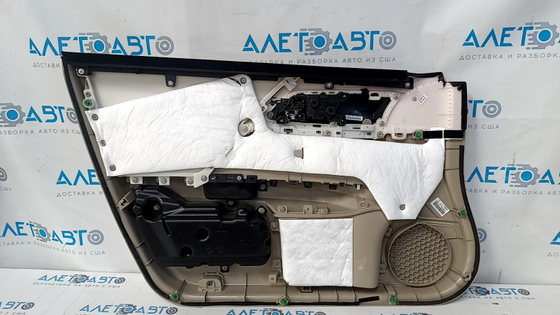Door trim card front right Honda Accord 13-17 beige, with beige insert, leather armrest, wood handle molding, scratches, nicks, abrasions, dents, needs cleaning