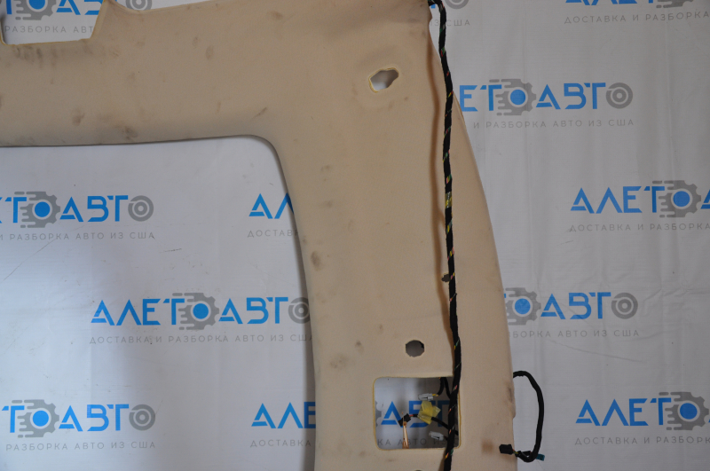 Tesla Model S 12-15 ceiling trim pre-restoration, under panorama, beige, under chemical treatment, tear of fastening, fabric peeled off