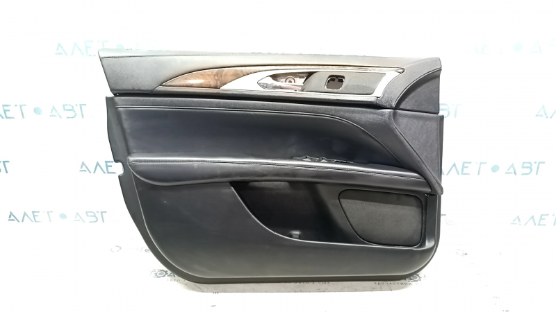 Door trim card front left Lincoln MKZ 17-20 black leather, armrest leather, insert wood gloss, dents