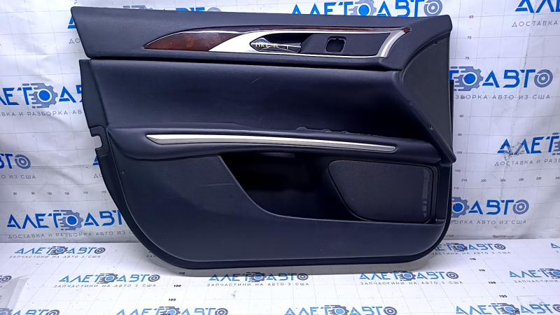 Door trim card front left Lincoln MKZ 13-16 black leather, armrest leather, insert wood gloss, scratches, pokes, abrasions, scuffs