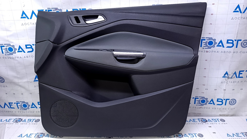 Door trim card front right Ford Escape MK3 13-16 pre-restyling, black with gray insert, armrest cloth, chrome handle, scuffs, abrasions, dents, whitened plastic