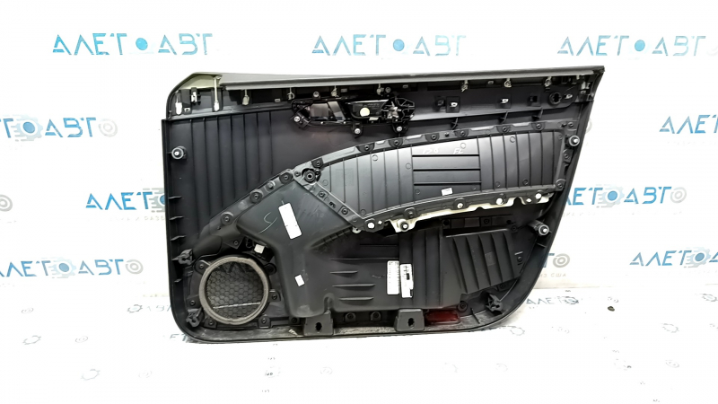 Door trim card front left VW Passat b8 16-19 USA black with black insert plastic, armrest leather, molding gray gloss, broken fasteners