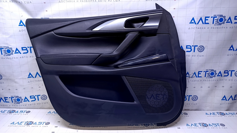 Door trim card front left Mazda CX-9 16- black with black insert leather, armrest black leather, gray molding, dent, cuts, scratches, abrasions