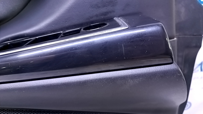 Door trim card front left Mazda CX-9 16- black with black insert leather, armrest black leather, gray molding, dent, cuts, scratches, abrasions