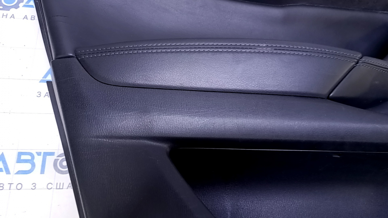 Door trim card front left Mazda CX-9 16- black with black insert leather, armrest black leather, gray molding, dent, cuts, scratches, abrasions