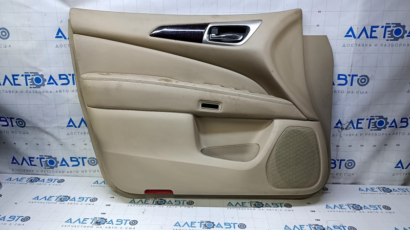 Door trim card front left Nissan Pathfinder 13-20 beige leather with beige insert, beige leather armrest, glossy wood molding, for seat memory, scratches, dents, whitened plastic, for dry cleaning