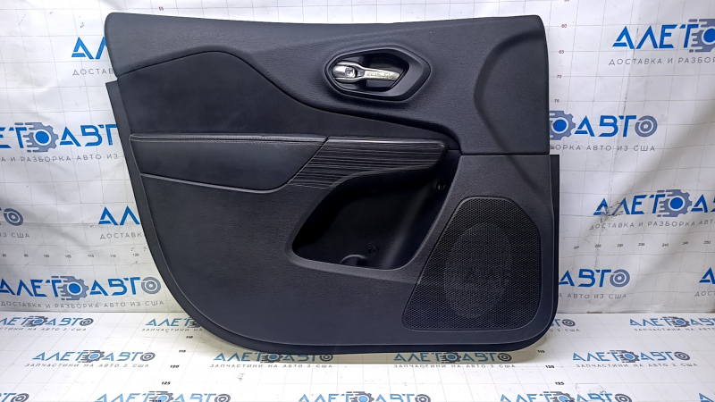 Door trim card front left Jeep Cherokee KL 14-18 black with black insert cloth, armrest black leather, molding wood color, dent, scratches, abrasions, pokes