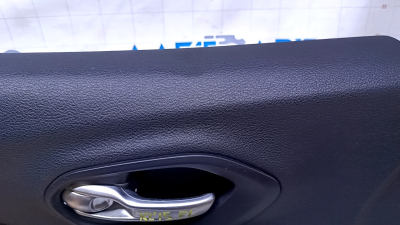 Door trim card front left Jeep Cherokee KL 14-18 black with black insert cloth, armrest black leather, molding wood color, dent, scratches, abrasions, pokes