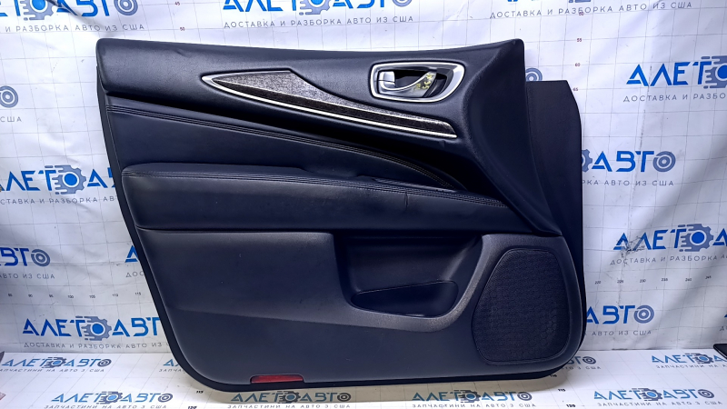 Door trim card front left Infiniti JX35 QX60 13- black with black insert leather, armrest black leather, molding under wood gloss, dents, abrasions, scratches