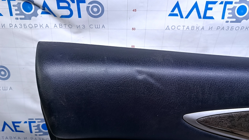 Door trim card front left Infiniti JX35 QX60 13- black with black insert leather, armrest black leather, molding under wood gloss, dents, abrasions, scratches