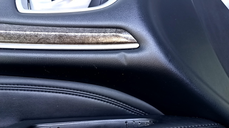 Door trim card front left Infiniti JX35 QX60 13- black with black insert leather, armrest black leather, molding under wood gloss, dents, abrasions, scratches