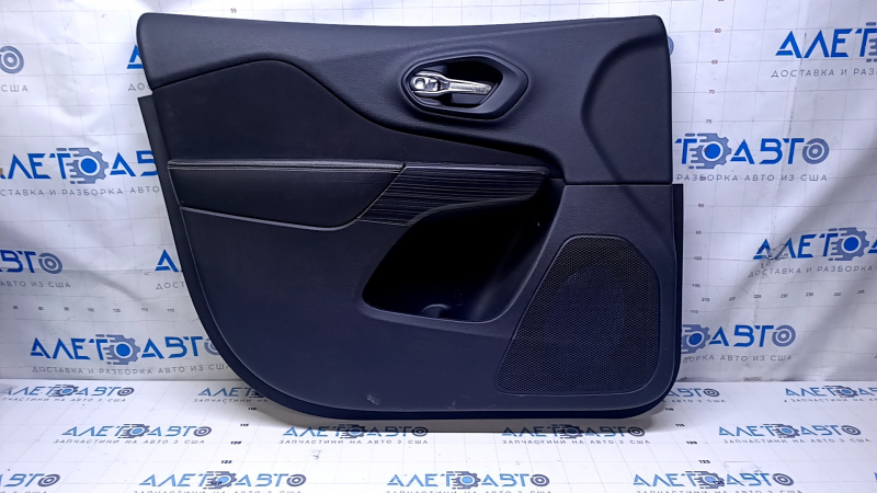 Door trim card front left Jeep Cherokee KL 14-18 black with black insert cloth, armrest black leather, molding wood color, dent, abrasions, scratches, scuffs