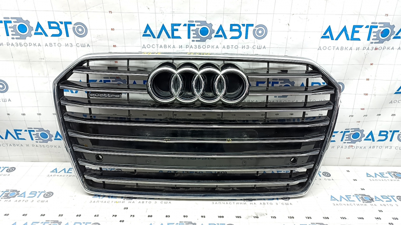 Radiator grille assembly Audi A6 C7 16-18 rest, with emblems, black gloss + chrome, for parking sensors, broken fastening, non-standard holes, sand