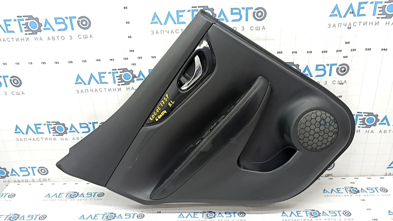 Door trim card rear left Nissan Rogue Sport 17-19 black, armrest leather black, overlay blue gloss, scratches, for dry cleaning