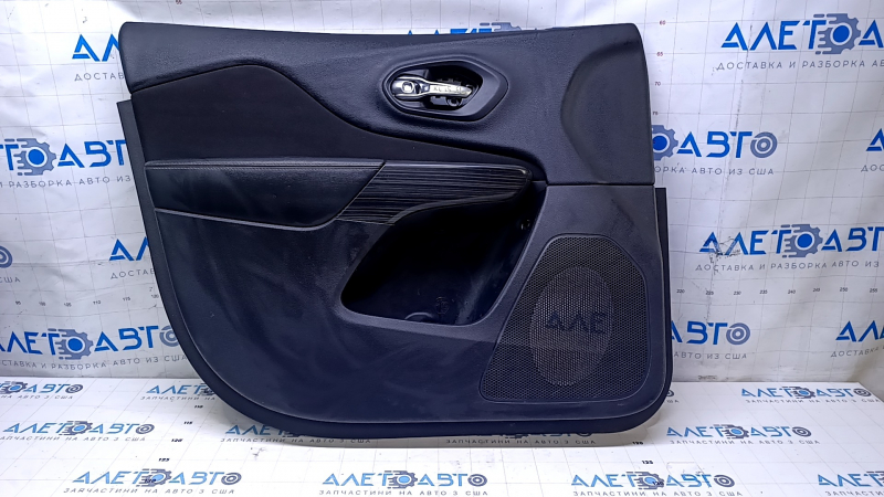 Door trim card front left Jeep Cherokee KL 14-18 black with black insert cloth, armrest black leather, molding wood color, dent, scratches, abrasions