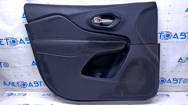 Door trim card front left Jeep Cherokee KL 19 - black with black insert leather, armrest black leather with red stitching, molding dark wood, dent, scuff, abrasions, scratches Used orig