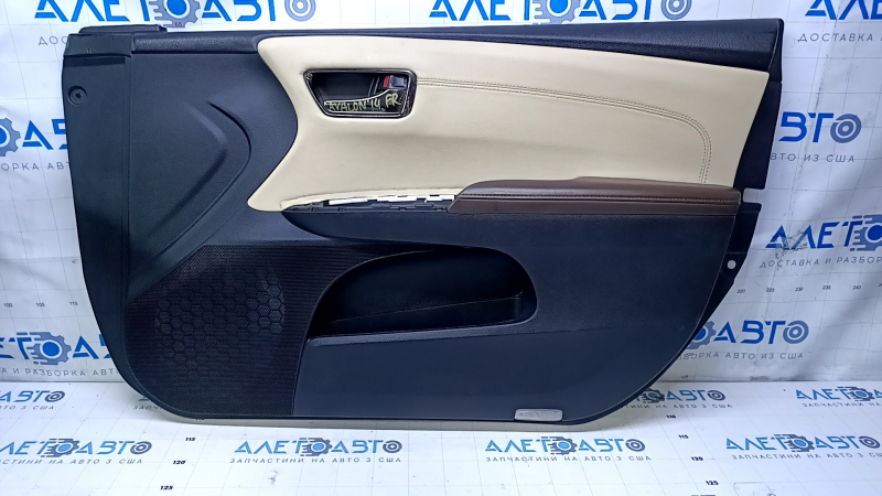 Door trim card front right Toyota Avalon 13-18 black with beige insert, armrest brown leather, scuffs used