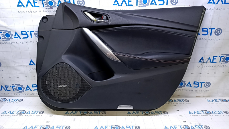 Door trim card front right Mazda 6 16-17 grand touring black with black insert leather, armrest black leather with red stitching, BOSE, chrome insert, scratches, dents, abrasions
