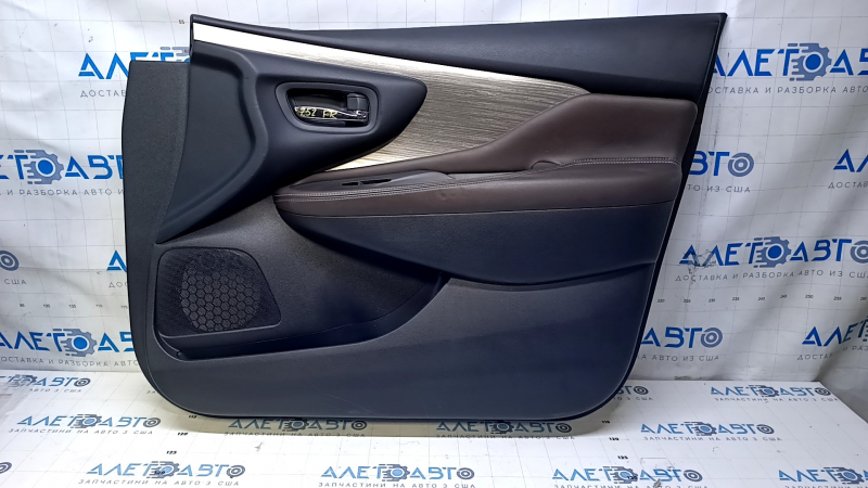 Door trim card front right Nissan Murano z52 15-17 black with brown insert leather, armrest brown leather, molding gray gloss, scratches, pokes, abrasions, dents