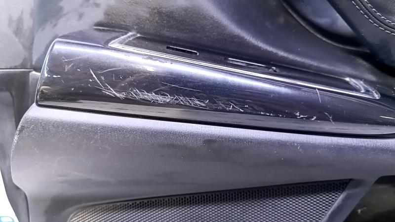 Door trim card front right Mazda CX-9 16- black with black insert leather, armrest black leather, molding gray structure, abrasions, scratches, scuffs, for dry cleaning, broken fasteners