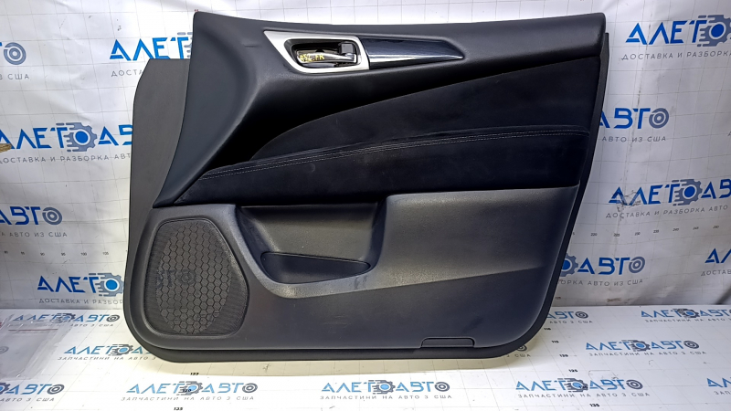 Door trim card front right Nissan Pathfinder 13-20 black with black insert cloth, armrest black cloth, molding black gloss, without backlight, scratches, abrasions, dents