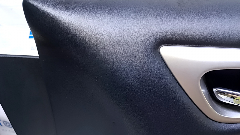 Door trim card front right Nissan Pathfinder 13-20 black with black insert leather, armrest black leather, molding under wood gloss, dents, abrasions, scratches, pokes