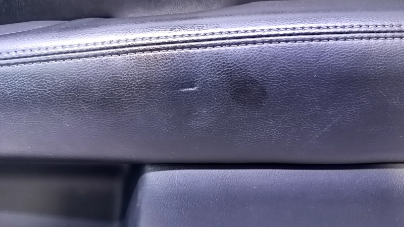 Door trim card front right Nissan Pathfinder 13-20 black with black insert leather, armrest black leather, molding under wood gloss, dents, abrasions, scratches, pokes