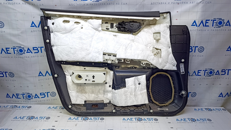 Door trim card front right Nissan Pathfinder 13-20 black with black insert leather, armrest black leather, molding under wood gloss, dents, abrasions, scratches, pokes