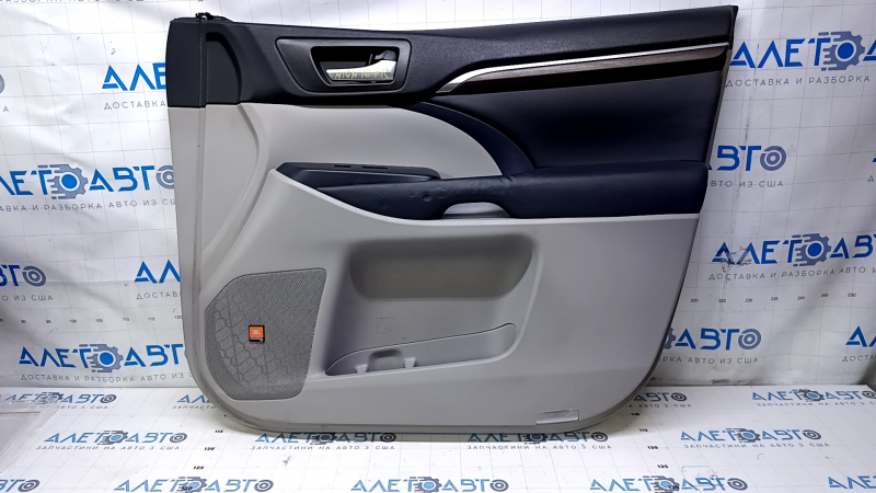 Door trim card front right Toyota Highlander 14-16 gray with black insert leather, armrest black leather, JBL, molding dark wood structure, armrest dented, dents, bump, scuffs
