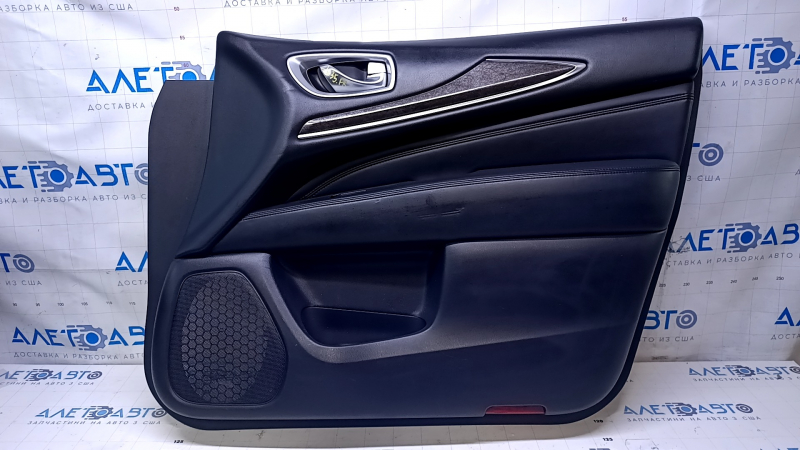 Door trim card front right Infiniti JX35 QX60 13- black with black insert leather, armrest black leather, molding for light wood gloss, dents, scratches, abrasions
