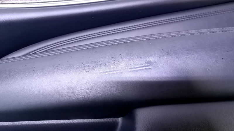 Door trim card front right Infiniti JX35 QX60 13- black with black insert leather, armrest black leather, molding for light wood gloss, dents, scratches, abrasions
